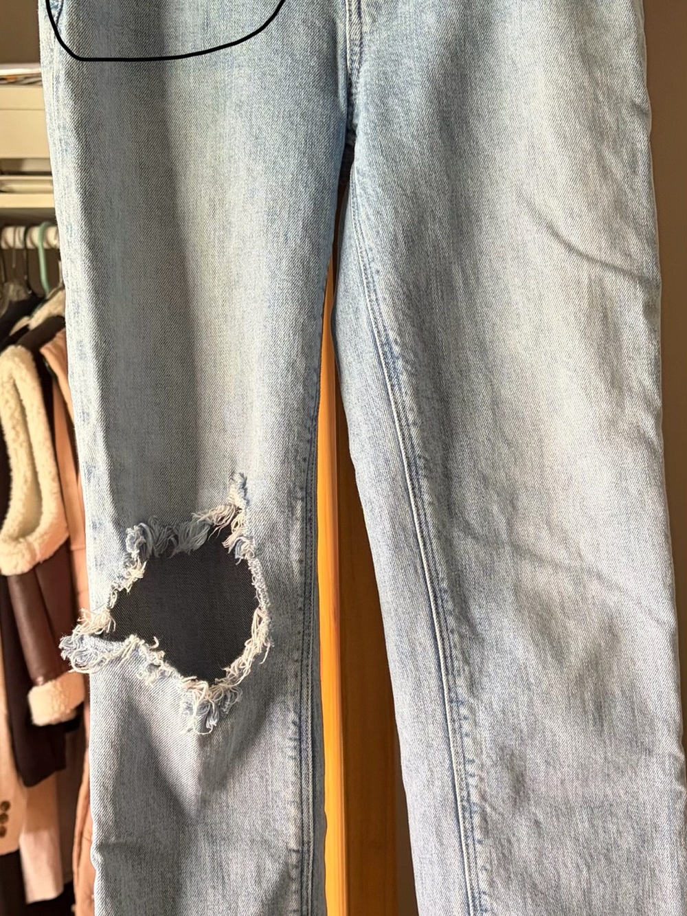 PAIGE Light Wash Straight Leg Jeans with Distressed Knee